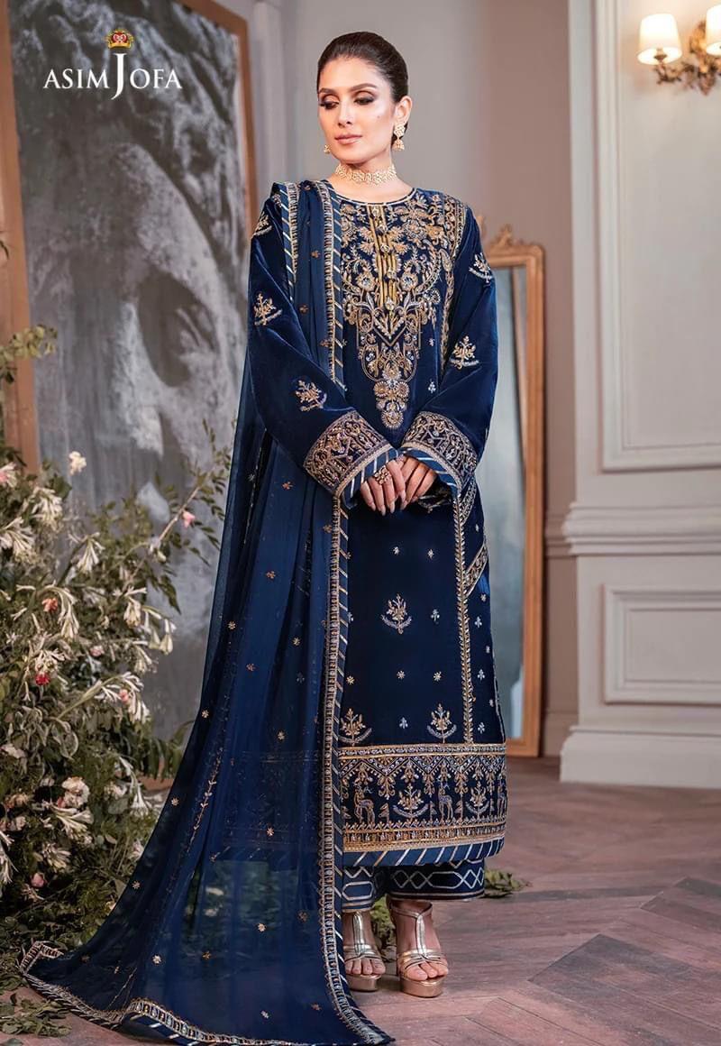 Asim Jofa – Premium Velvet Embroidered 3Pc Ensemble with Net Dupatta (Unstitched)