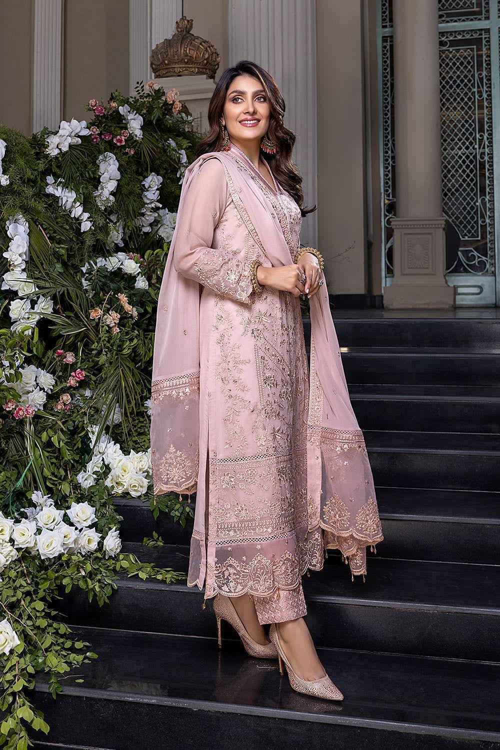Azure – Chiffon Embroidered 3Pc Luxury Suit with Malai Trouser & Chiffon Dupatta (Unstitched)