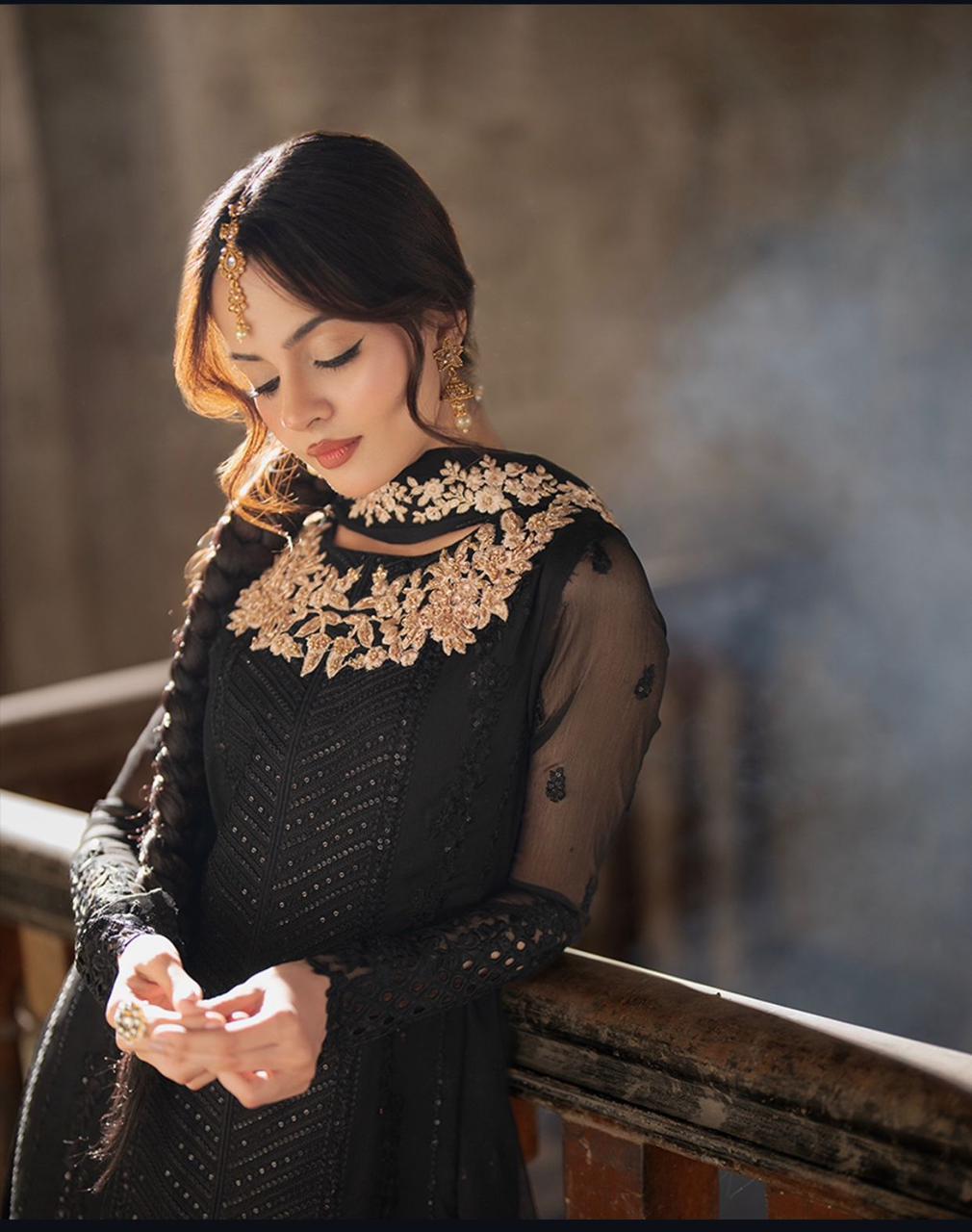 Azure Chiffon Heavy Embroidered 3-Piece – Shamoz Silk Trouser - (Unstictched)